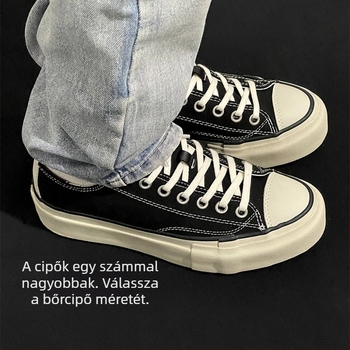 Uniszex edzőcipő vastag talppal, vulkanizált szerkezettel, vászon felsőrész, gumi talp, fűzővel záródó