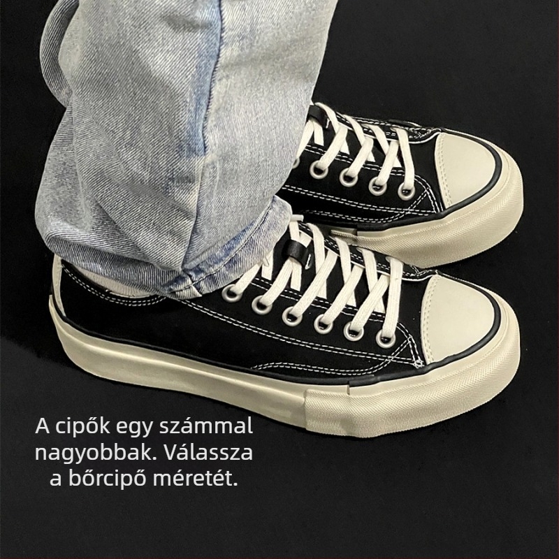 Uniszex edzőcipő vastag talppal, vulkanizált szerkezettel, vászon felsőrész, gumi talp, fűzővel záródó