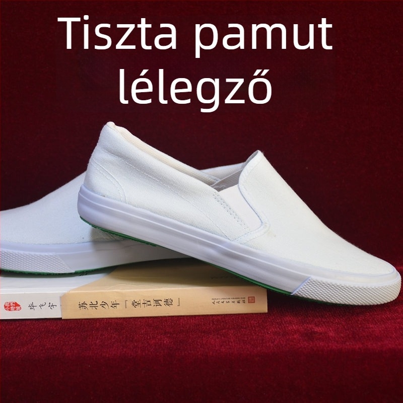 Csúszásmentes munkacipő pamut felsőrésszel, slip-on kivitel, gumírozott talp, alacsony sarok 1–3 cm, uniszex