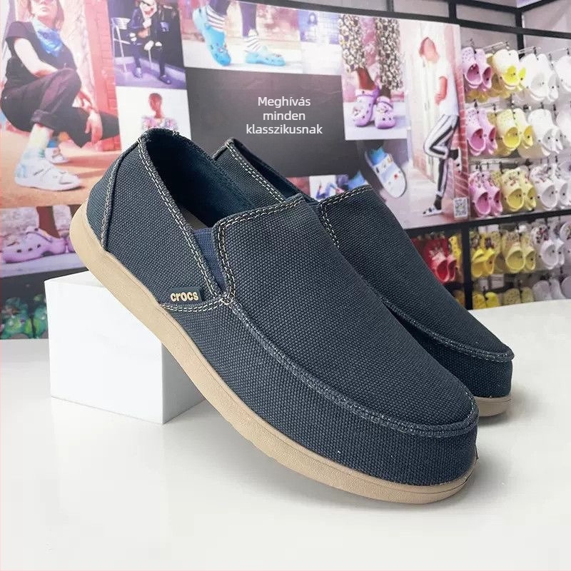 Férfi vászon Slip-On sportcipő, alacsony felső rész, bőr lábujjvédő, lélegző EVA talp, csúszásmentes