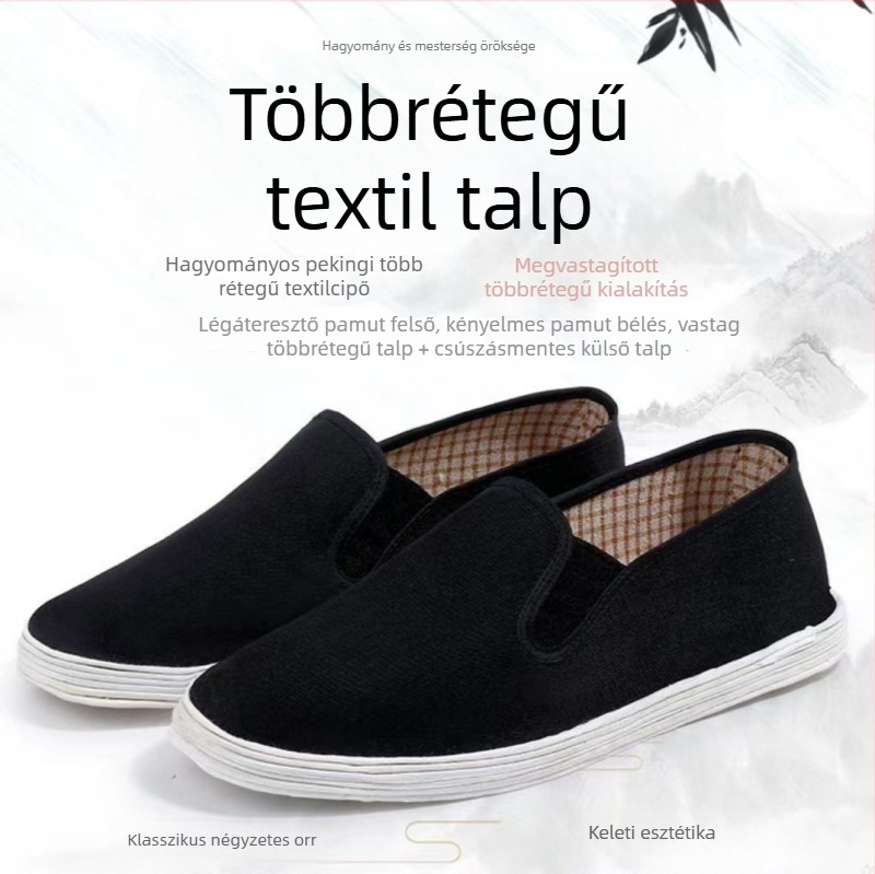 Uniszex vászon Slip-On cipő, alacsony felső rész, rugalmas zárás, légáteresztő textil bélés, 1000‑rétegű talp