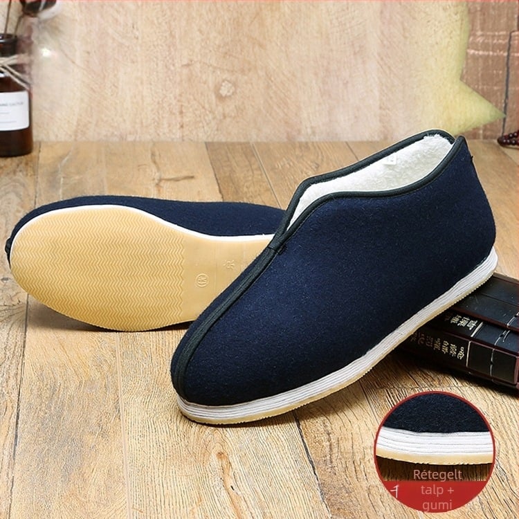Férfi téli pamutból készült cipő fleece béléssel – hegyes orr, lapos sarok, varrott talp