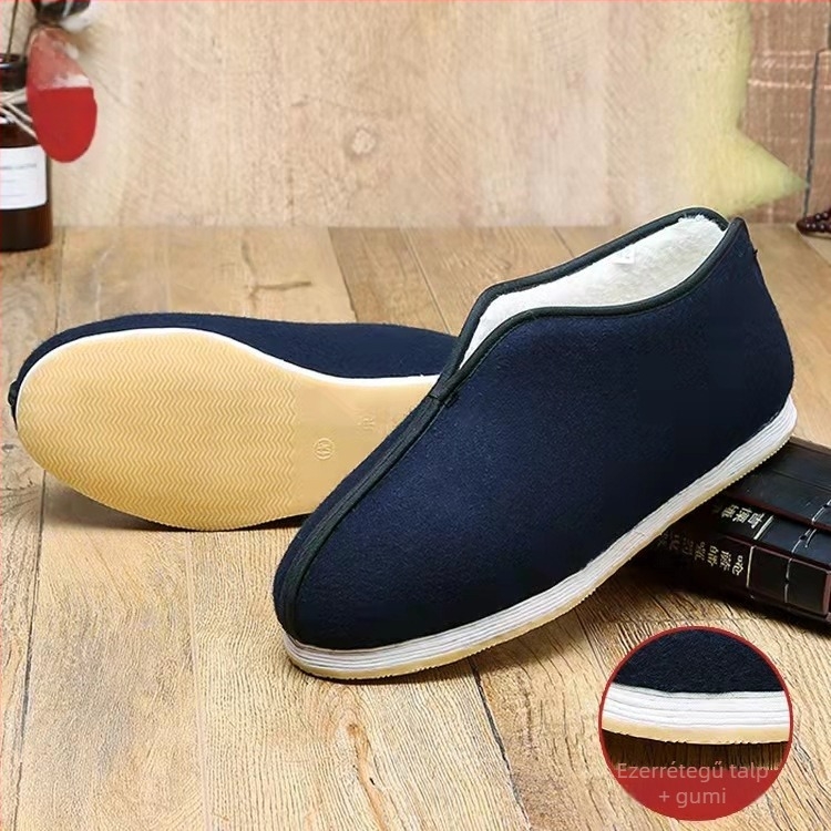 Férfi téli pamutból készült cipő fleece béléssel – hegyes orr, lapos sarok, varrott talp