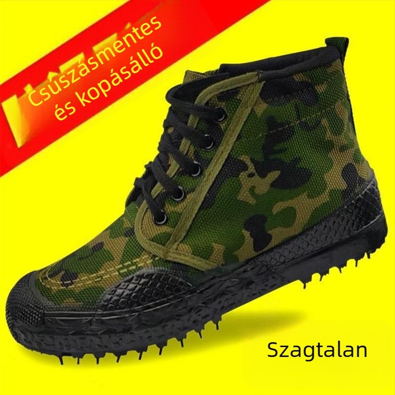 Férfi munkavédelmi gumicipő, kopásálló és szagtűrő, felső rész etilén rostból, hegyes orr, lapos sarok, raktáron, nyárra