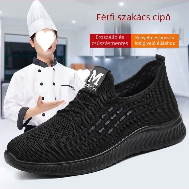 Férfi konyhai cipő – lélegző, könnyű, csúszásmentes; pamut felsőrész, TPU talp, középmagas, kerek orr, őszi viselet.