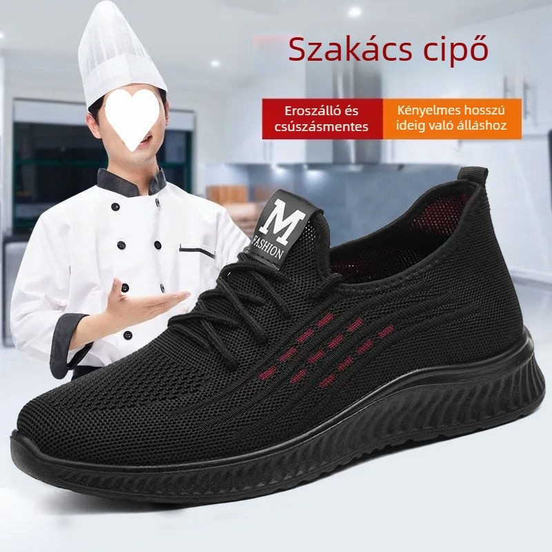 Férfi konyhai cipő – lélegző, könnyű, csúszásmentes; pamut felsőrész, TPU talp, középmagas, kerek orr, őszi viselet.