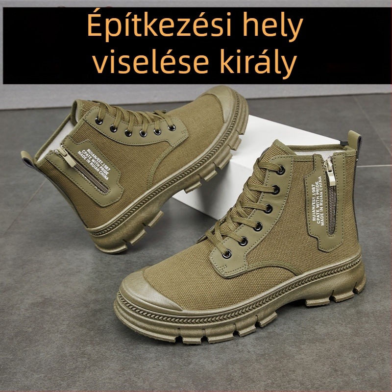 Magas felső részű vászon munkacipő, vízálló, lélegző, csúszásmentes, kopásálló, gumírozott talppal