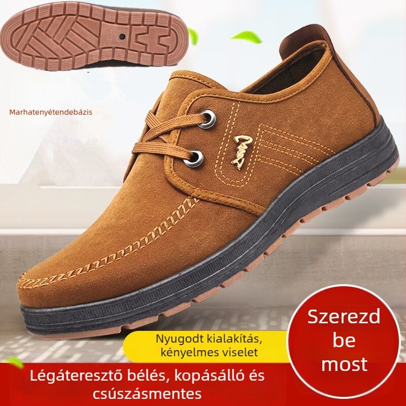 Férfi munkacipő, csúszásmentes talp, műbőr felsőrész, textil bélés fleece-szel, elöl fűződés, alacsony sarok 1–3 cm