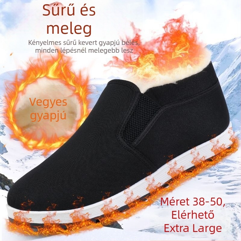 XL téli Pekingi vászoncipő, slip-on, magas szárú, gyapjú bélésű, műszőrmés belső, csúszásmentes talp