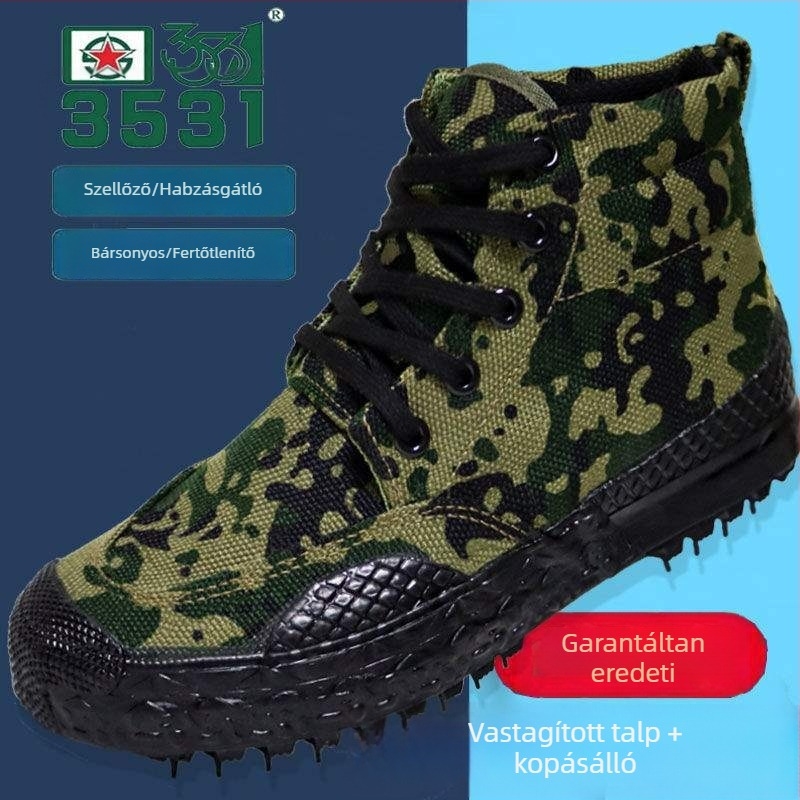 Magasított vászoncipő kamuflázs mintával, csúszásmentes, csapdában levegő, kopásálló; felsőrész: vászon, talp: gumi, fűző