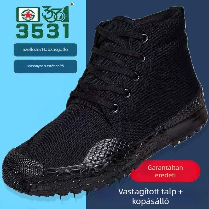 Magasított vászoncipő kamuflázs mintával, csúszásmentes, csapdában levegő, kopásálló; felsőrész: vászon, talp: gumi, fűző