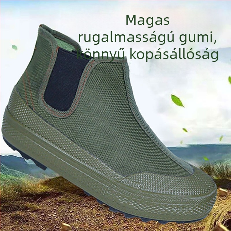 Uniszex slip-on munkacipő, csúszásmentes, kopásálló gumitalppal, középmagas kamuflázzal díszített felsőrész
