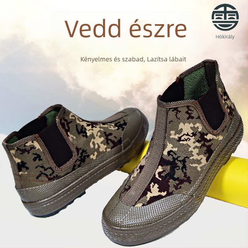 Uniszex slip-on munkacipő, csúszásmentes, kopásálló gumitalppal, középmagas kamuflázzal díszített felsőrész