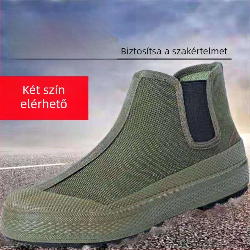 Uniszex slip-on munkacipő, csúszásmentes, kopásálló gumitalppal, középmagas kamuflázzal díszített felsőrész