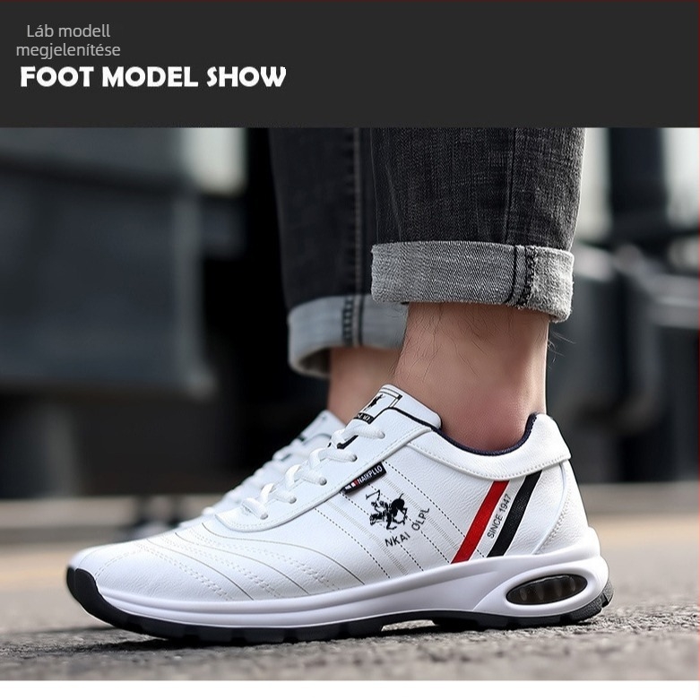 Férfi PU bőr felsőrészű casual sneaker, légáteresztő hálós belsővel, fűzővel, alacsony profil