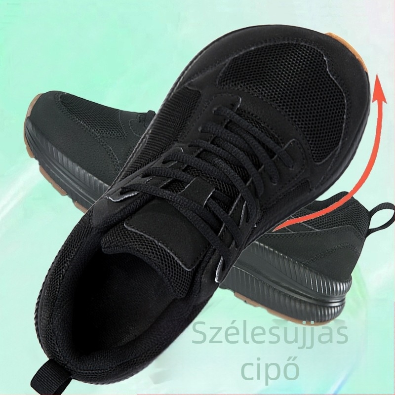 Uniszex csúszásmentes futócipő, légáteresztő hálós felsőrésszel, elől fűzőzárás, széles orrtartóval, mindennapi viselet, minden évszakban alkalmas.
