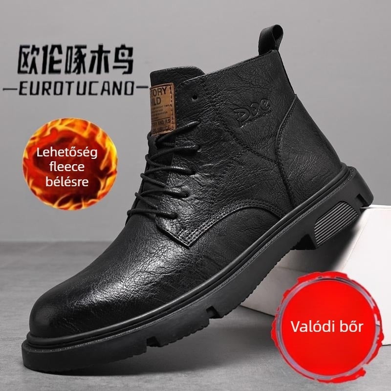 Férfi Martin-stílusú bakancsok, magas szárú, felsőrész split bőr, gumitalp, PU talpbetét, hálós belső bélés, melegen tart