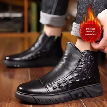 Férfi téli magas bakancs krokodil mintás PU felső rész, oldalsó cipzár, PVC injektált talp, textile bélés, középmagas