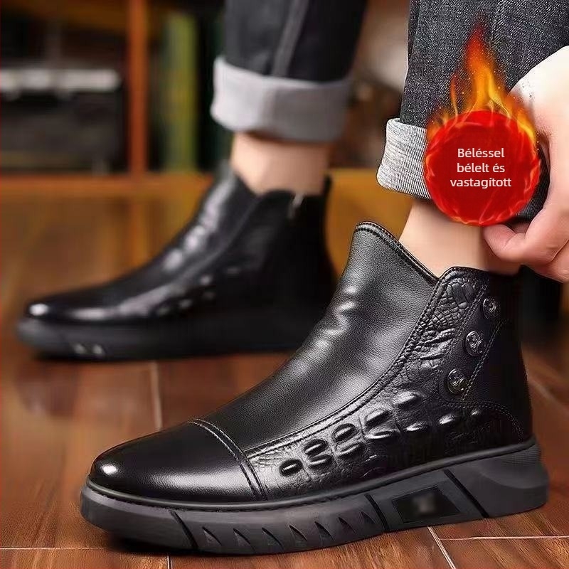 Férfi téli magas bakancs krokodil mintás PU felső rész, oldalsó cipzár, PVC injektált talp, textile bélés, középmagas