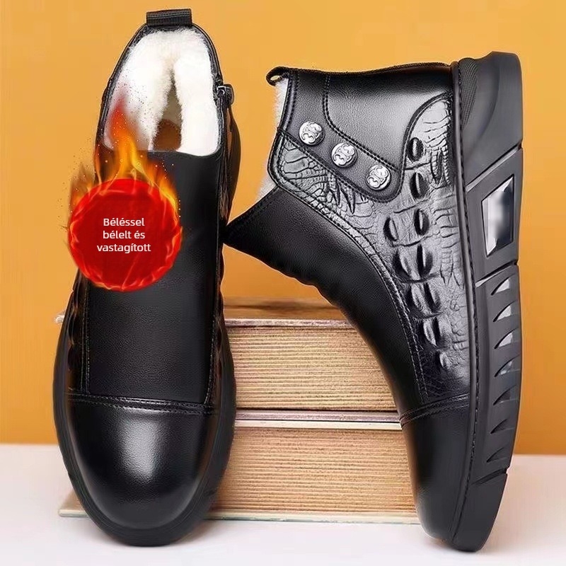 Férfi téli magas bakancs krokodil mintás PU felső rész, oldalsó cipzár, PVC injektált talp, textile bélés, középmagas