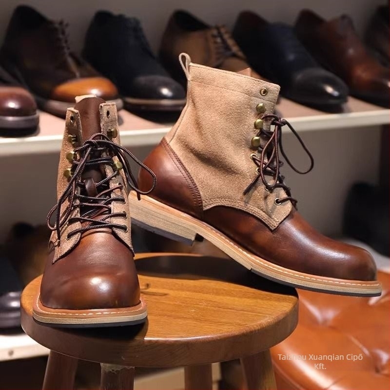 Férfi Martin csizma, középmagas, vintage brit stílus, mikroszálas bőr felsőrész, gumi talp, kopásálló