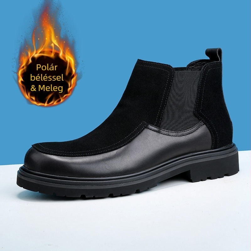 Uniszex Chelsea bakancsok, téli fleece bélés, brit stílus, gumitalp, PU talpabetét
