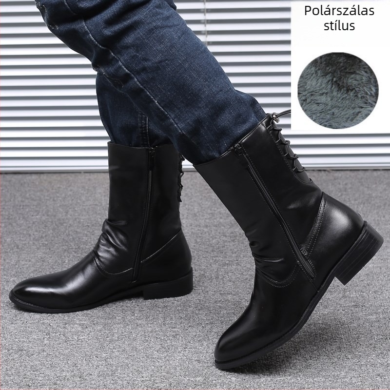 Férfi Martin bőr csizma hegyes orral, középmagas, oldalsó cipzárral, PU felsőrész, 3-5 cm sarokmagasság