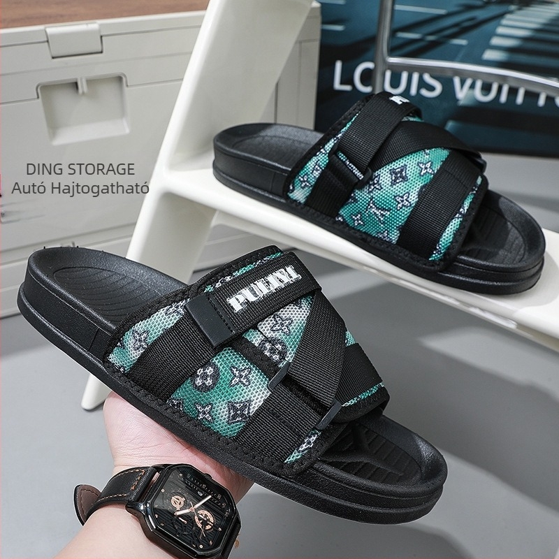 Uniszex nyári strandszandál, textil felső rész, EVA talp, Velcro zár, nyomtatott dizájn