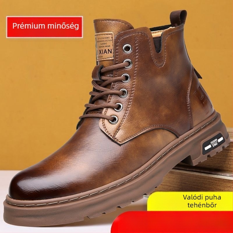 Férfi Martin csizma, felső rész split bőrből, PU anyagú felsőrész, gumí talp, műszőrme bélés, elöl fűzőzár