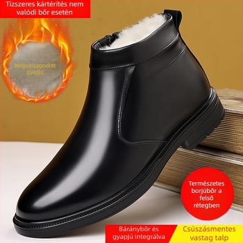 Férfi téli bőrcipő, magas szárú, felső rész első réteg marhahúrból, oldalsó cipzár, gyapjú bélés, gumírozott talp