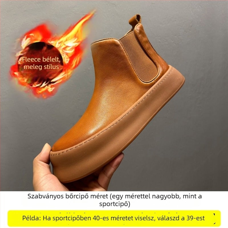 Férfi Chelsea csizmák valódi bőrből, kerek orr, gumitalp, 3-5 cm sarokmagasság, tél 2025