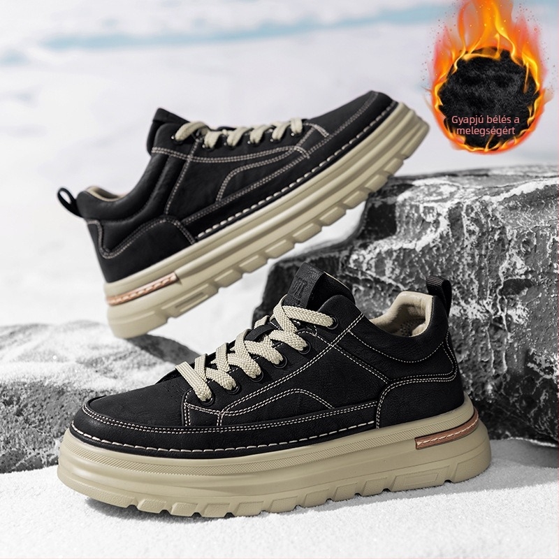 Férfiaknak szóló vastag talpú, búzaszínű casual magas talpú sneaker, kültéri retro stílus, 2026 tavasz.