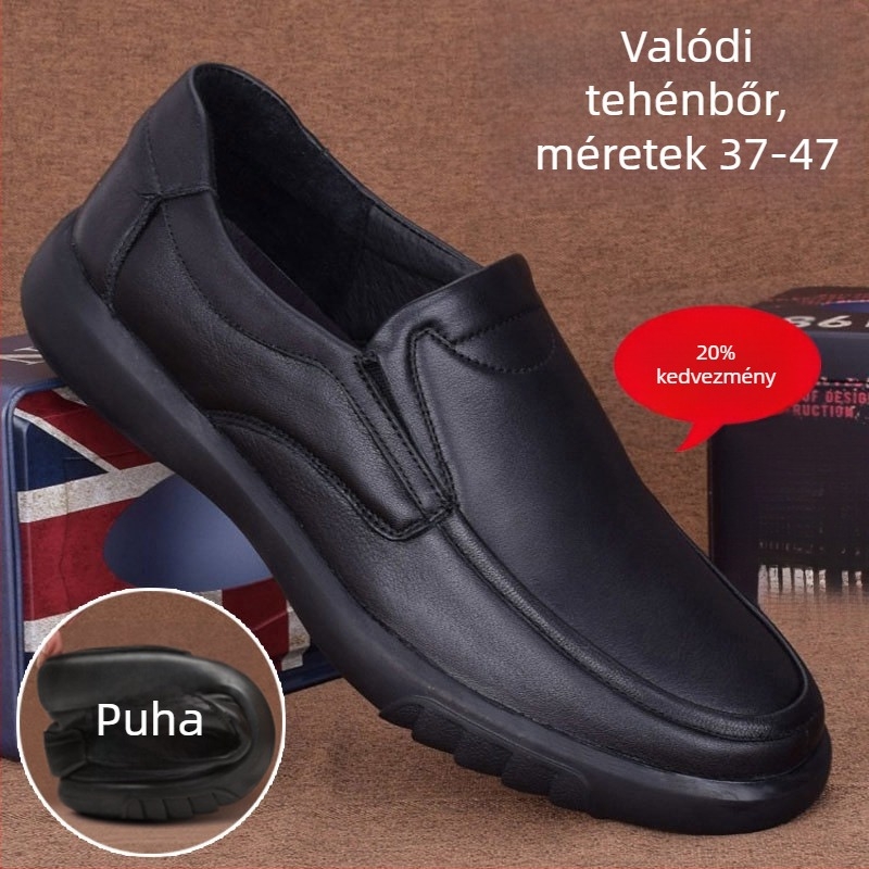 Férfi bőr loafer slip-on, felső rész split bőr, PU belső talp, gumitalp, alacsony sarok 1–3 cm, lélegző, csúszásmentes