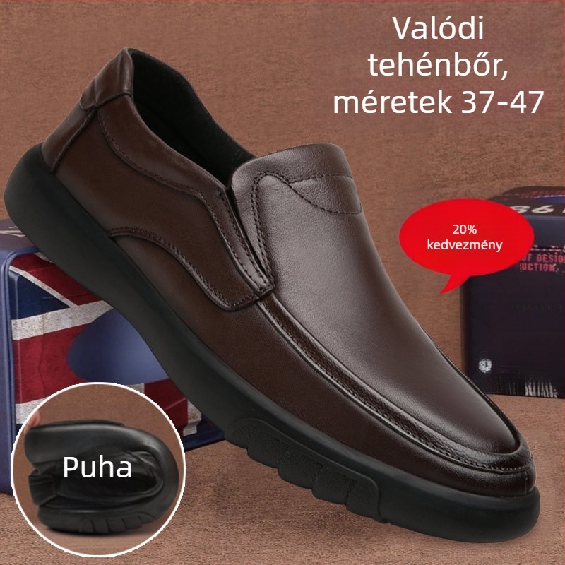 Férfi bőr loafer slip-on, felső rész split bőr, PU belső talp, gumitalp, alacsony sarok 1–3 cm, lélegző, csúszásmentes