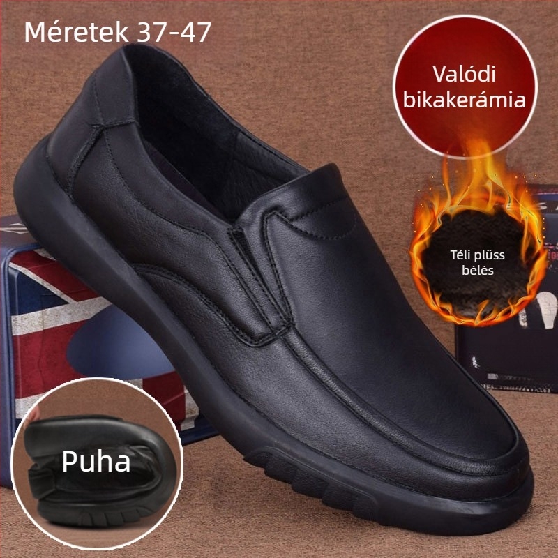 Férfi bőr loafer slip-on, felső rész split bőr, PU belső talp, gumitalp, alacsony sarok 1–3 cm, lélegző, csúszásmentes
