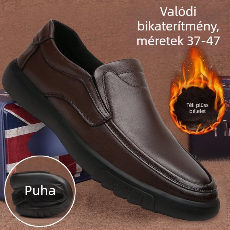 Férfi bőr loafer slip-on, felső rész split bőr, PU belső talp, gumitalp, alacsony sarok 1–3 cm, lélegző, csúszásmentes