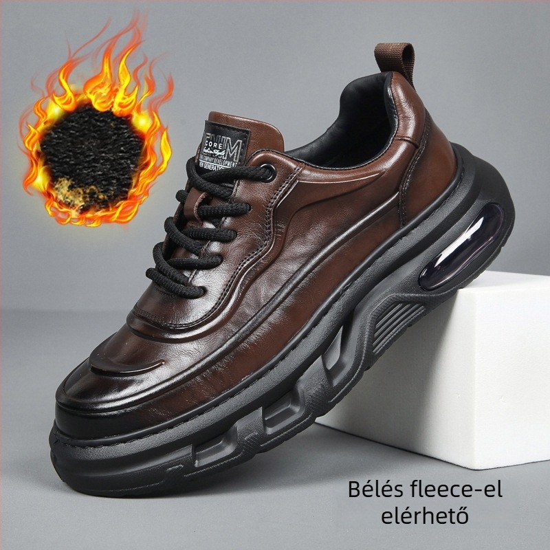 Férfiaknak szánt mindennapi bőrcipő, első réteg marhabőr felsőrész, téli fleece bélés, gumiszivacsos talp, elöl fűzőzár