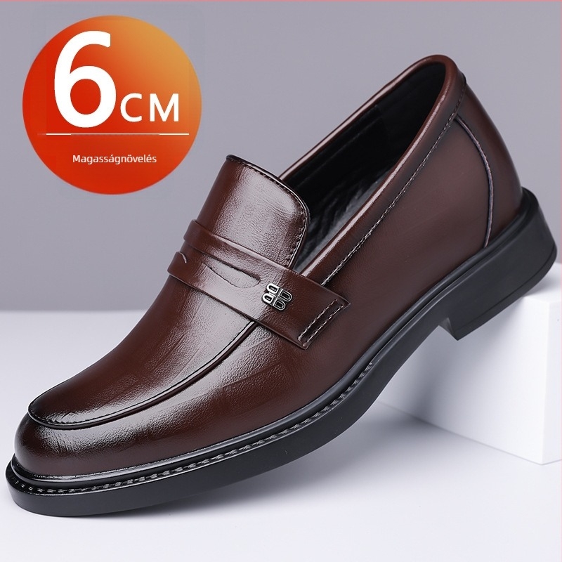 Férfi formális bőrcipő — felső része split tehénbőrből, bőr ujjvédő, slip-on, alacsony boka, PU bélés, lélegző, csúszásmentes, kopásálló