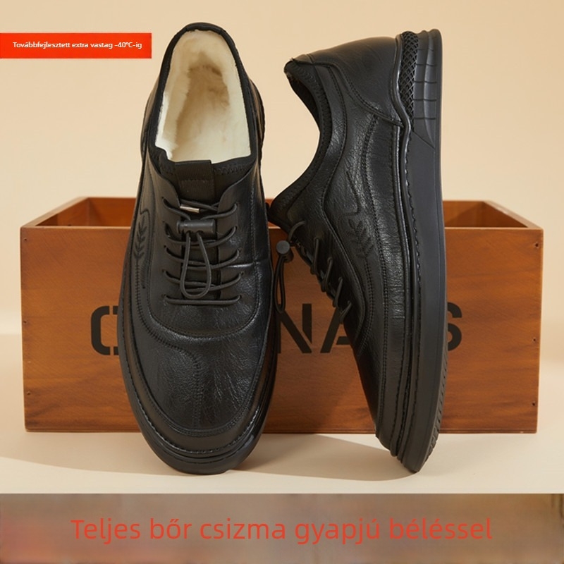 Férfi téli slip-on cipő, valódi bőrből, juhbőr béléssel, puha gumitalp