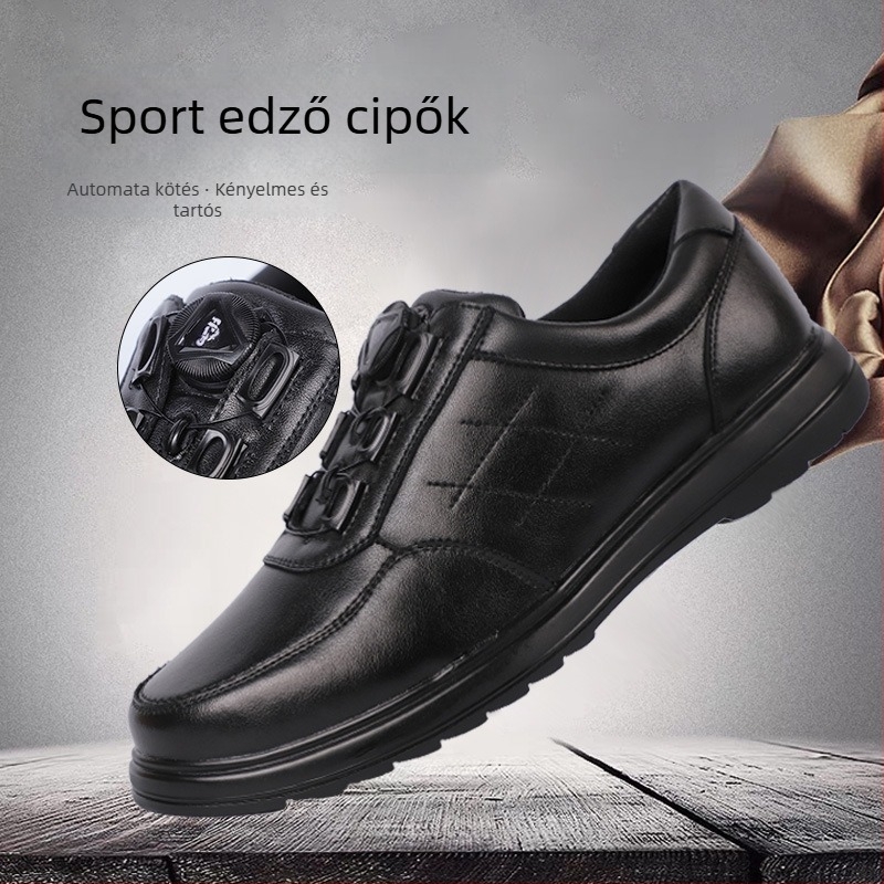 Férfi bőrből készült cipő mindennapi és üzleti casual stílushoz, csatolt záródás, alacsony fazon, kerek orr, légáteresztő, csúszásmentes gumitalp