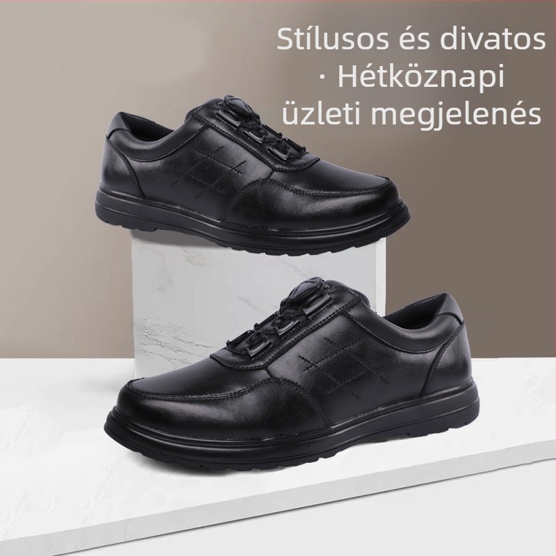 Férfi bőrből készült cipő mindennapi és üzleti casual stílushoz, csatolt záródás, alacsony fazon, kerek orr, légáteresztő, csúszásmentes gumitalp
