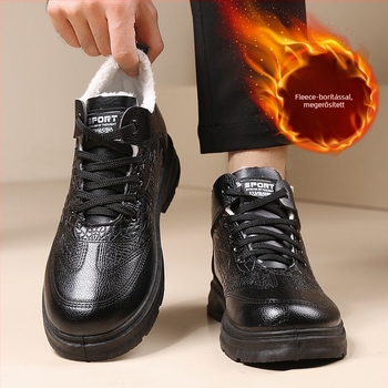 Férfiak téli magas bőrcsizma gyapjú bélésével és shearling talppal (Felső rész: bőr, Magas szár, Gumí talp, Láncos zárás, Alacsony négyzetes sarok)