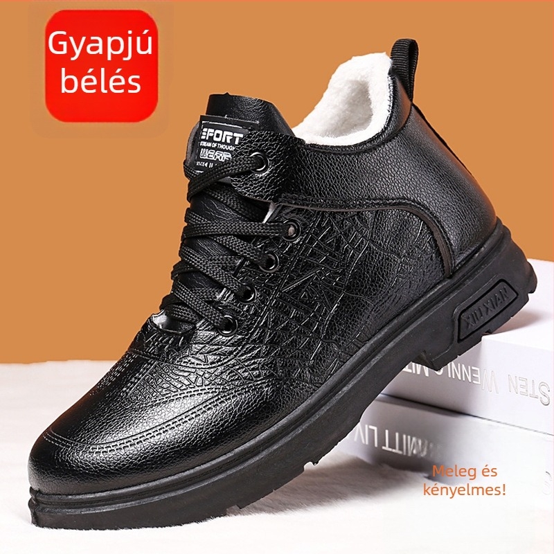 Férfiak téli magas bőrcsizma gyapjú bélésével és shearling talppal (Felső rész: bőr, Magas szár, Gumí talp, Láncos zárás, Alacsony négyzetes sarok)