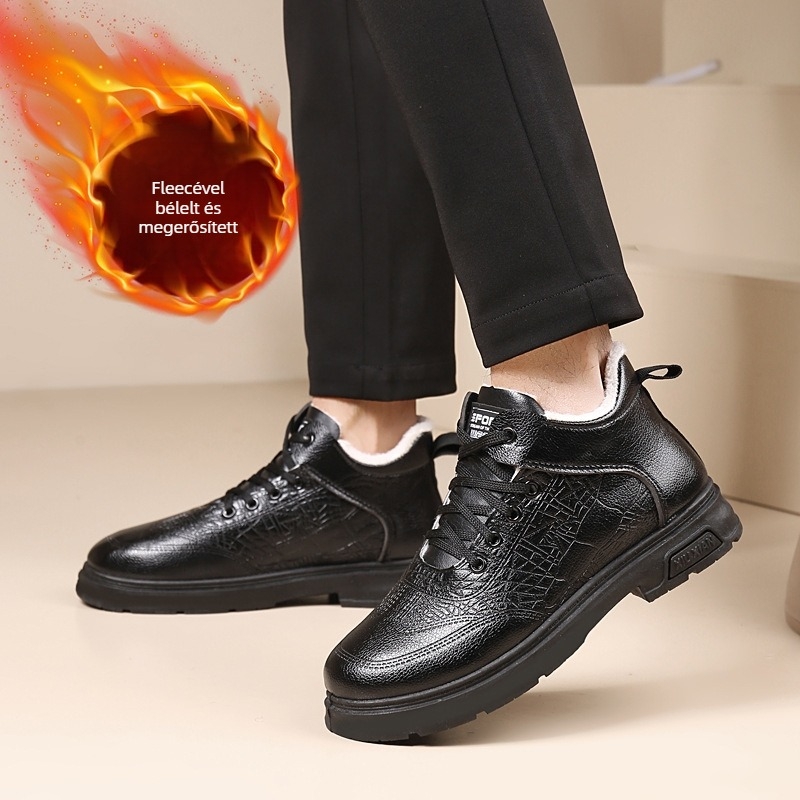 Férfiak téli magas bőrcsizma gyapjú bélésével és shearling talppal (Felső rész: bőr, Magas szár, Gumí talp, Láncos zárás, Alacsony négyzetes sarok)