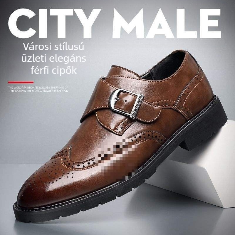 Férfi bőrcipő broguerezett mintával – mikroszálas felsőrész, gumitalp, hegyes orr, fűzős zárás, nyúl szőrrel bélelt, minimalist stílus, 2024 tavasza
