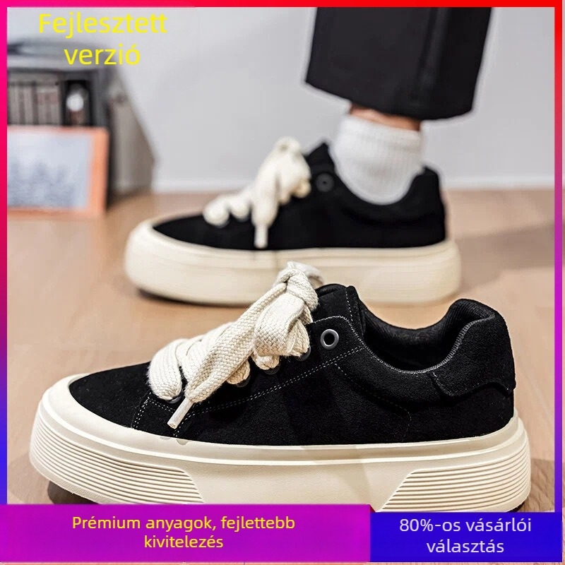 Férfi bőr felsőrészes sneaker, gumitalp, magasságot növelő vastag talp, alacsony profilú, fűzős, kerek orrú