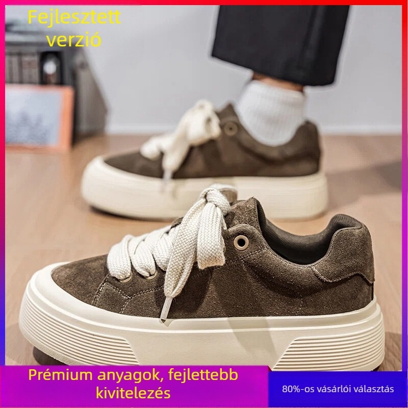 Férfi bőr felsőrészes sneaker, gumitalp, magasságot növelő vastag talp, alacsony profilú, fűzős, kerek orrú