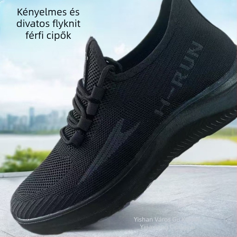 Férfi Fly-Knit sportcipő, lélegző pamut bélés, PU talp, kerek orr, fűzővel záródó