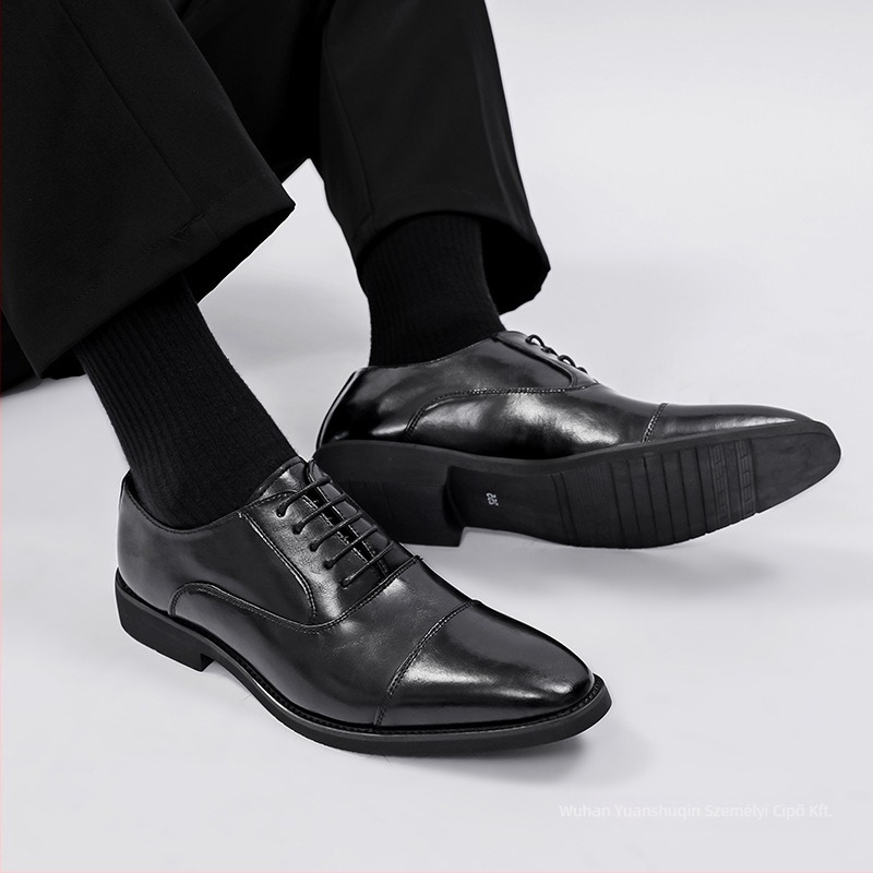 Férfi bőr Oxford cipők üzleti stílushoz — alacsony profil, fűző, felsőrész split bőrből, gumi talp, kerek orr
