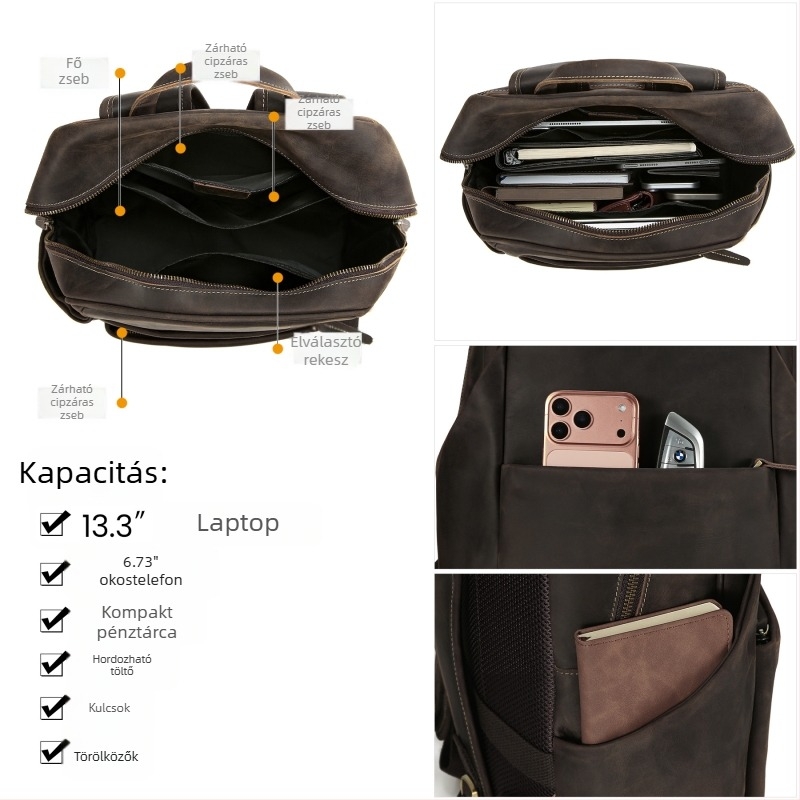DUJIANG férfi hátizsák valódi első réteg marhabőrből, 20–35L, laptop-kompatibilis, kopásálló